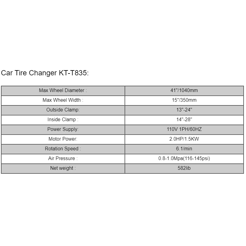 Tire changer specs table with max wheel diameter 41 in and width 15 in