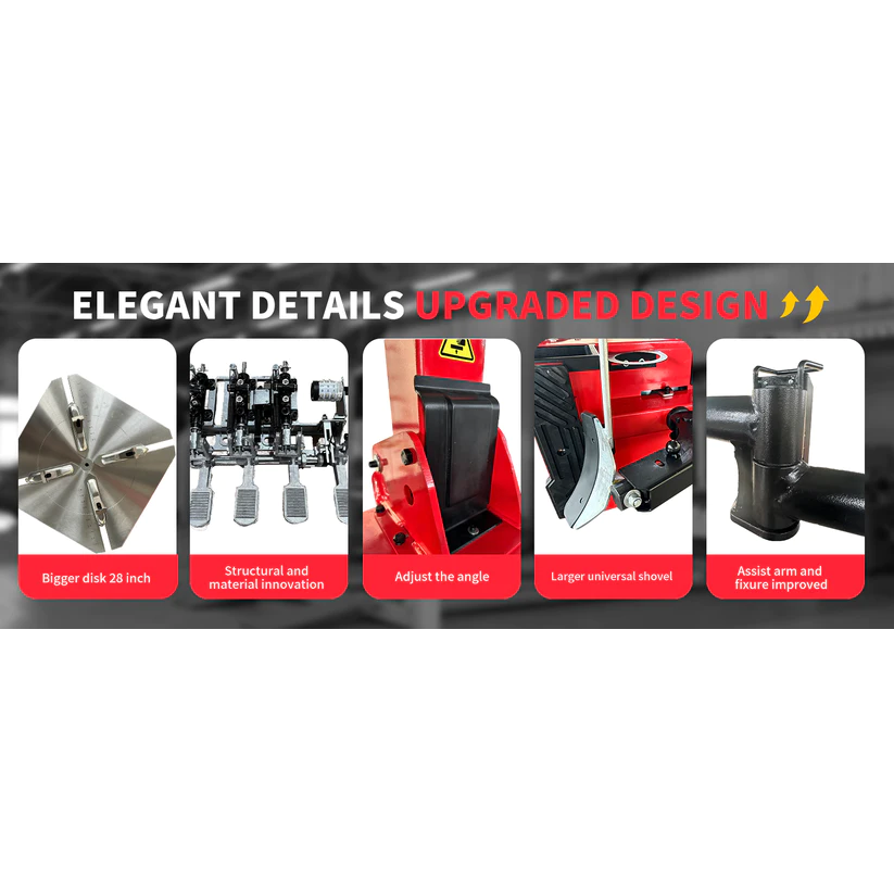 Tire changer feature tiles showing disc, pedal tread, angle adjust, universal shovel, assist arm