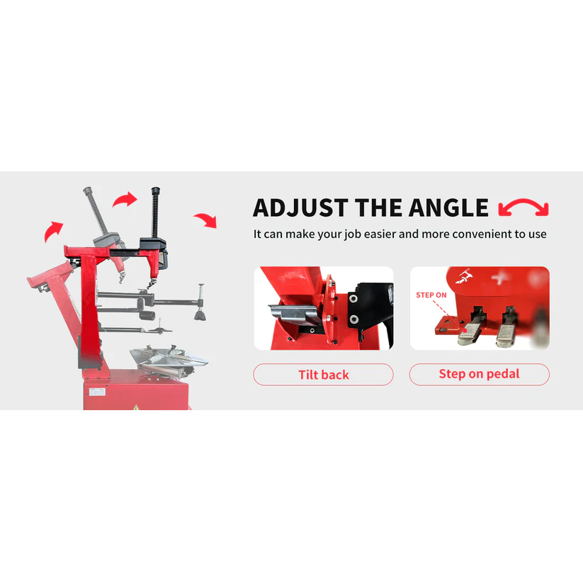 Red tilt-arm tire changer with wheel clamp and manual step control