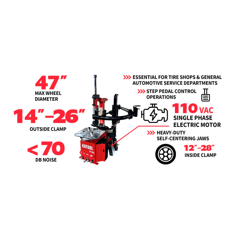 Red car tire changer with step-pedal control and 110V single-phase electric motor