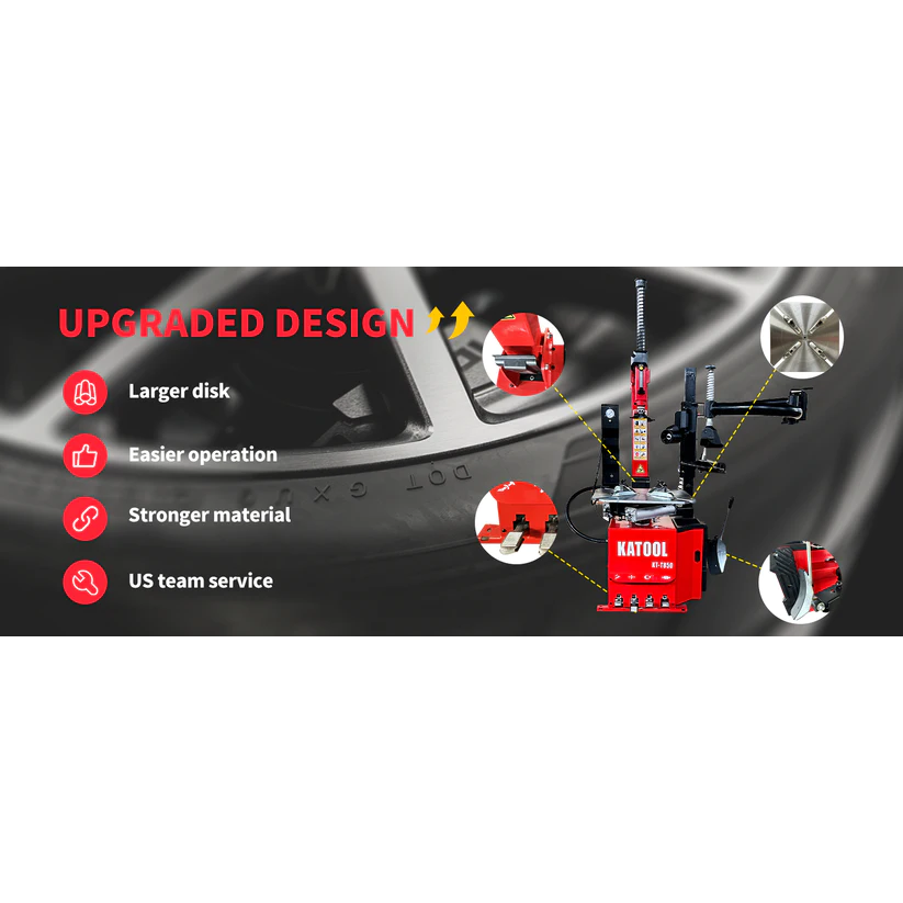 Red tire changer with upgraded design, larger disk and easier operation