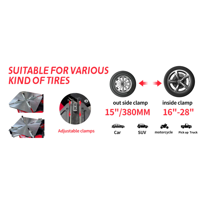 Tire changer supports outside clamp 14–26 in and inside clamp 16–28 in
