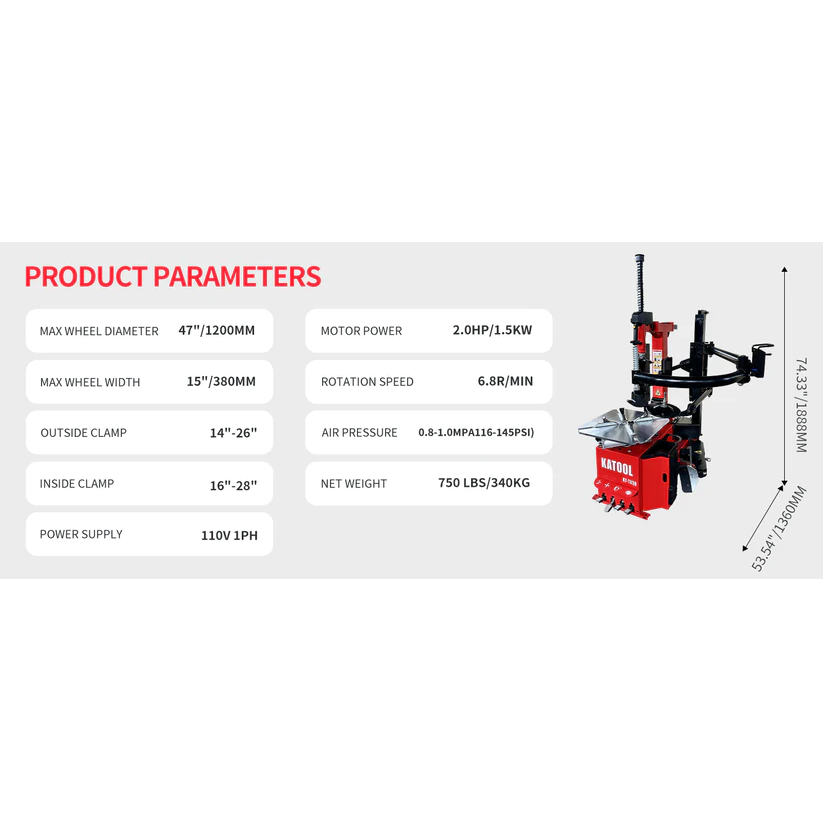 Red tire changer machine with specifications panel showing max wheel diameter 47 in