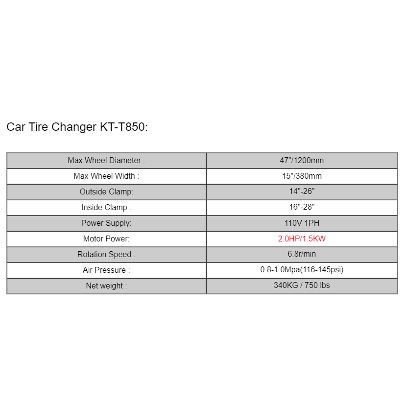 Specification table: max wheel diameter 47 in, max width 15 in for tire changer