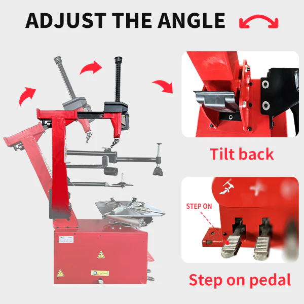 Tire changer angle adjustment system with step-on pedal and tilt-back arm