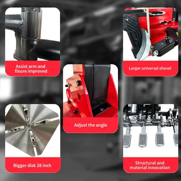 Tire changer component close-ups showing assist arm, angle adjustment, and universal shovel