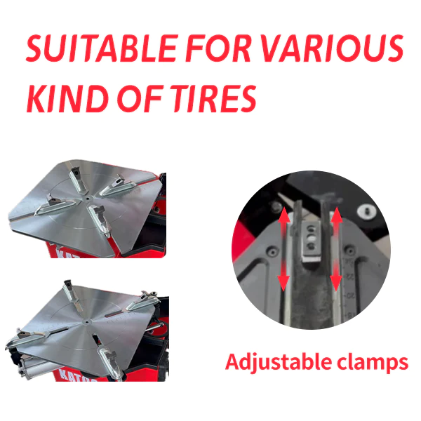 Tire changer feature tiles showing larger disc, assist arm, and universal shovel parts