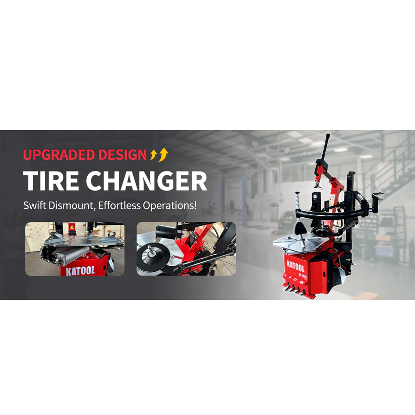 Tire changer with red base, mounting head, and tilt arm positioned over a turntable