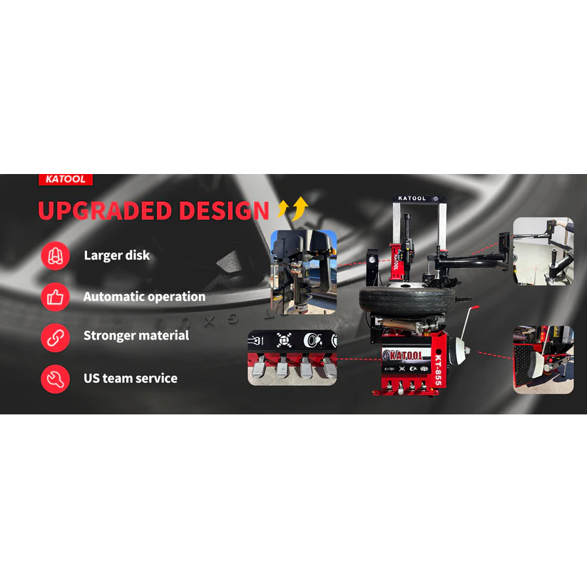 Vertical tire press machine with red base, black frame, and upright press column