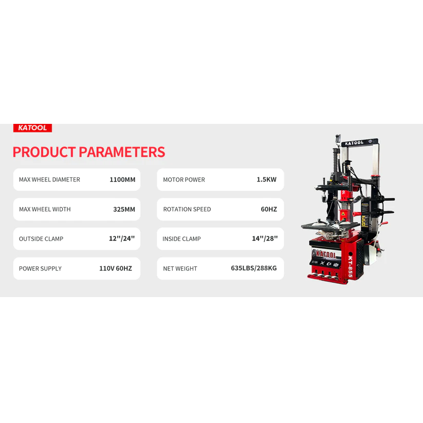 Vertical pneumatic tire press with red base, clamp arms, and upright cylinder