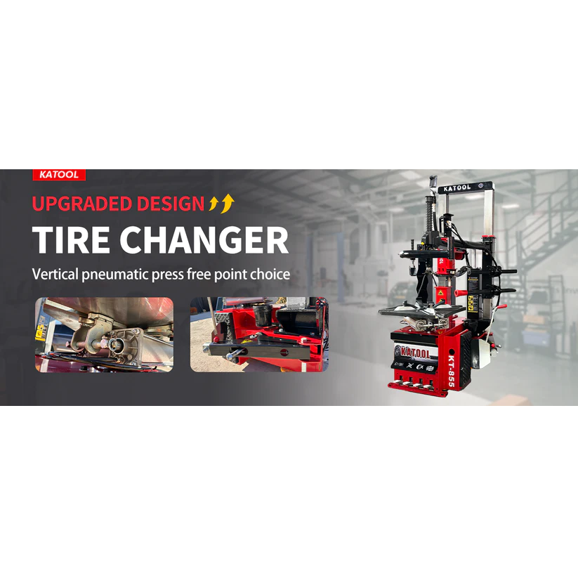 Vertical tire changer with red base, black frame, and upright press cylinder