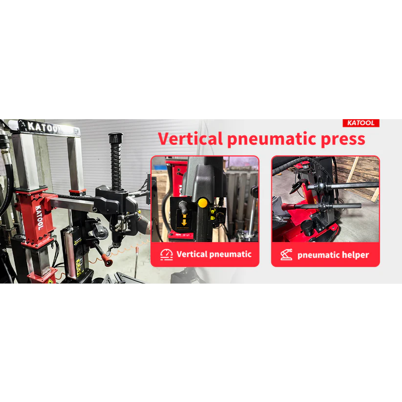 Vertical pneumatic press with red base and clamp assembly, shown with control console