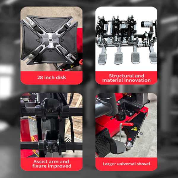 Tire press feature set with mounting disc, assist arm, and larger universal shovel.