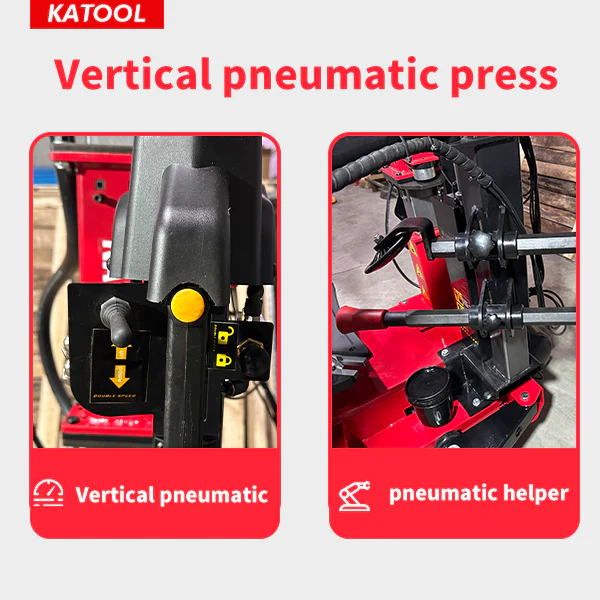 Vertical pneumatic press controls with yellow buttons and black handle, with helper arm.
