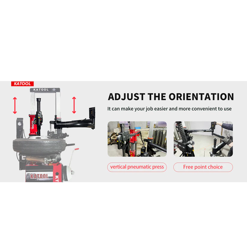 Vertical tire press orientation view with wheel platform and adjustable arm.