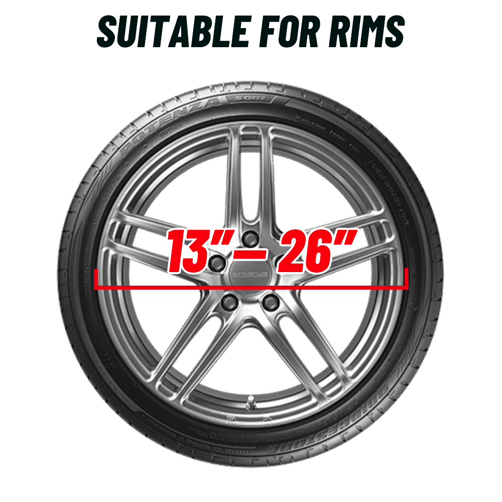 Wheel rim graphic marked 13–26 in suitable range, silver spokes