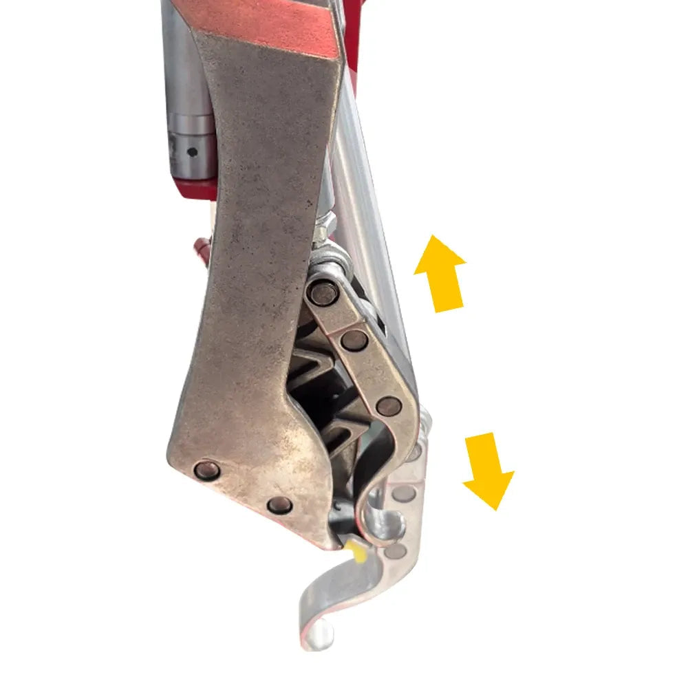 Tire changer bead breaker foot with angled metal arm and yellow arrows