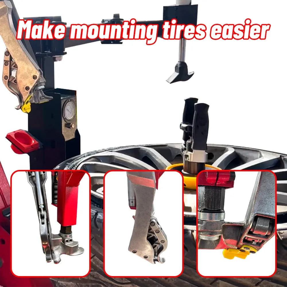 Automatic tire changer mounting head with red clamping arms and bead-breaking tool