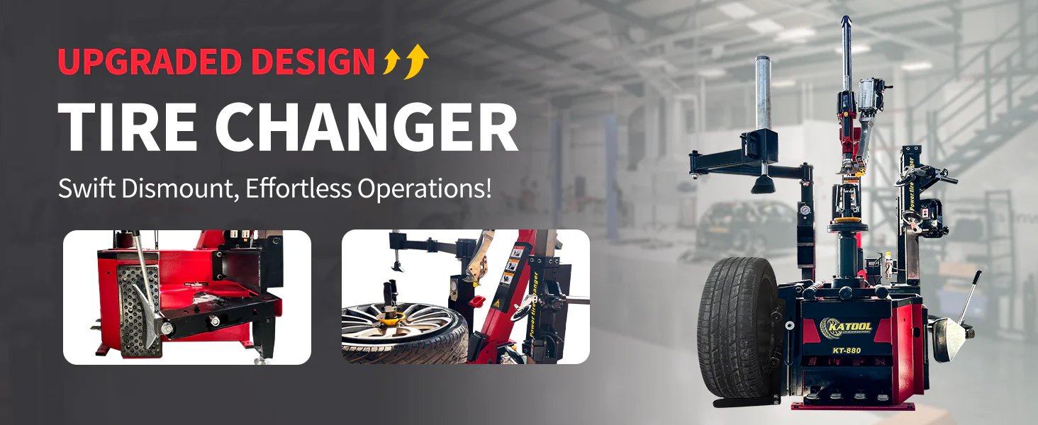 Automatic tire changer machine with upright tower, base stand, and tire support post