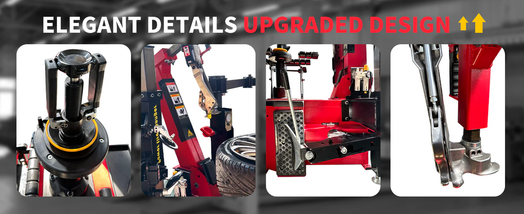 Automatic tire changer detailing mounts, control column, and red platform base