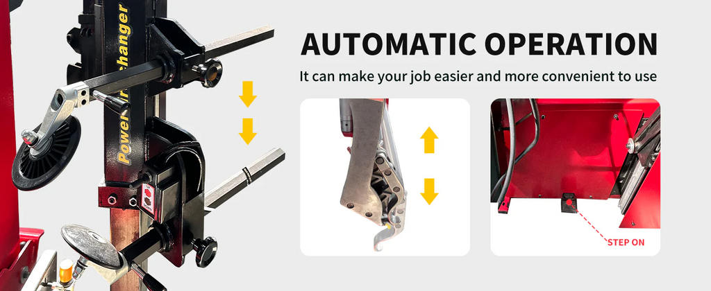 Automatic tire changer bead breaker head with side controls and vertical support column