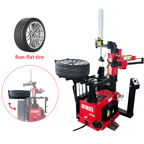 Tire changer machine with wheel support and lever-less head for run-flat tires