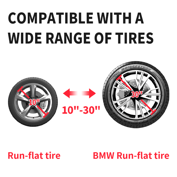 Tire size compatibility graphic showing 10 to 30 inch wheel range