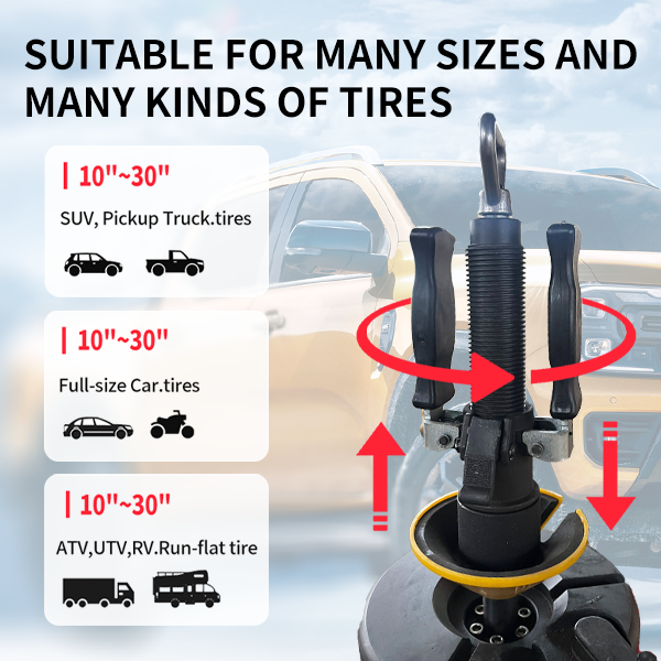 Tire changer fitment diagram with clamping head and vehicle type icons