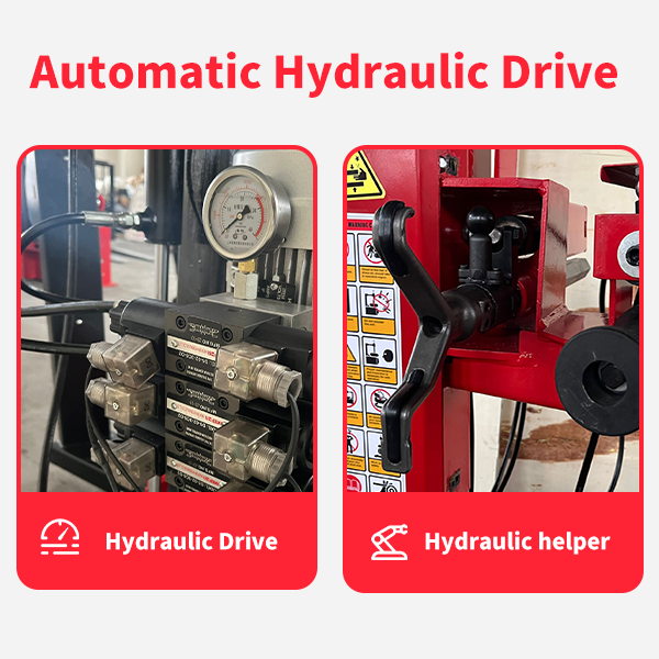 Automatic hydraulic drive system on red tire changer with gauge and valve block