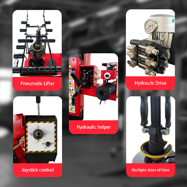 Tire changer control features collage showing joystick and hydraulic components