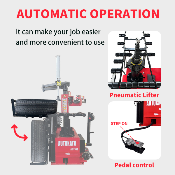 Automatic operation diagram for tire changer with pneumatic lifter and pedal control