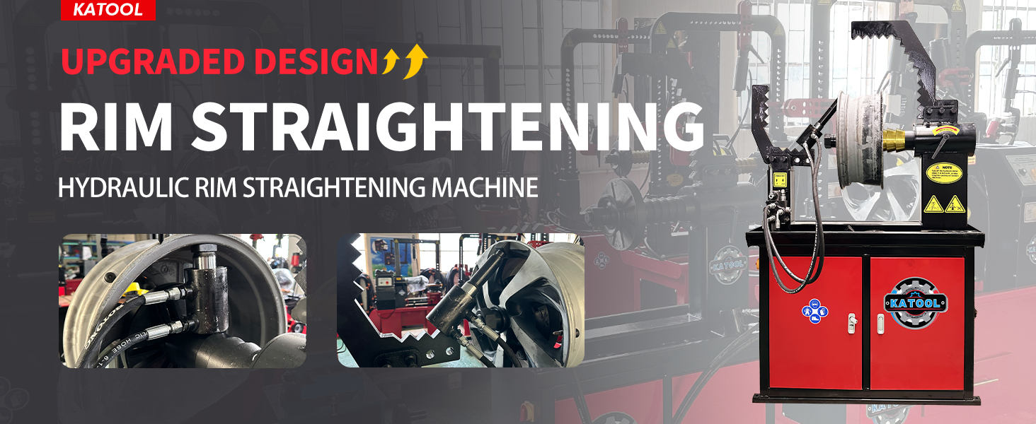 Hydraulic rim straightening machine with red cabinet and adjustable wheel clamping head
