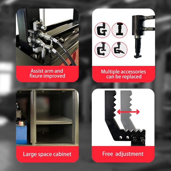 Rim straightening machine close-up fixtures, clamp arms, and open storage cabinet