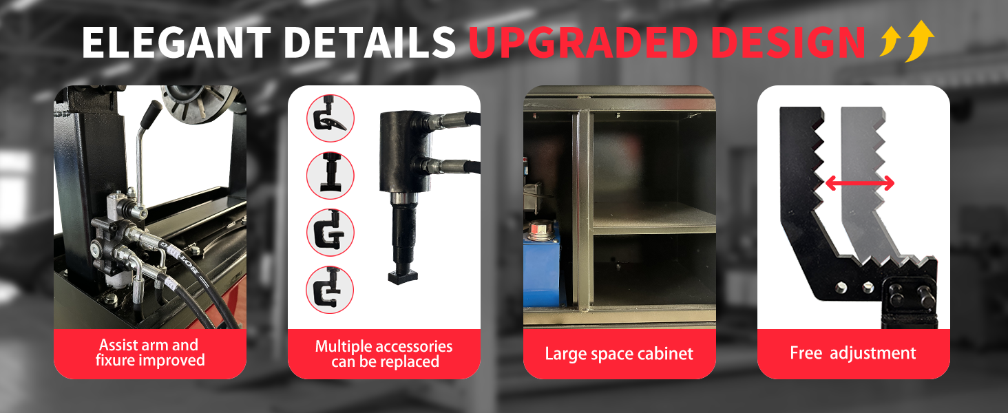 Rim straightening machine detail views with improved arm fixture and adjustable clamp