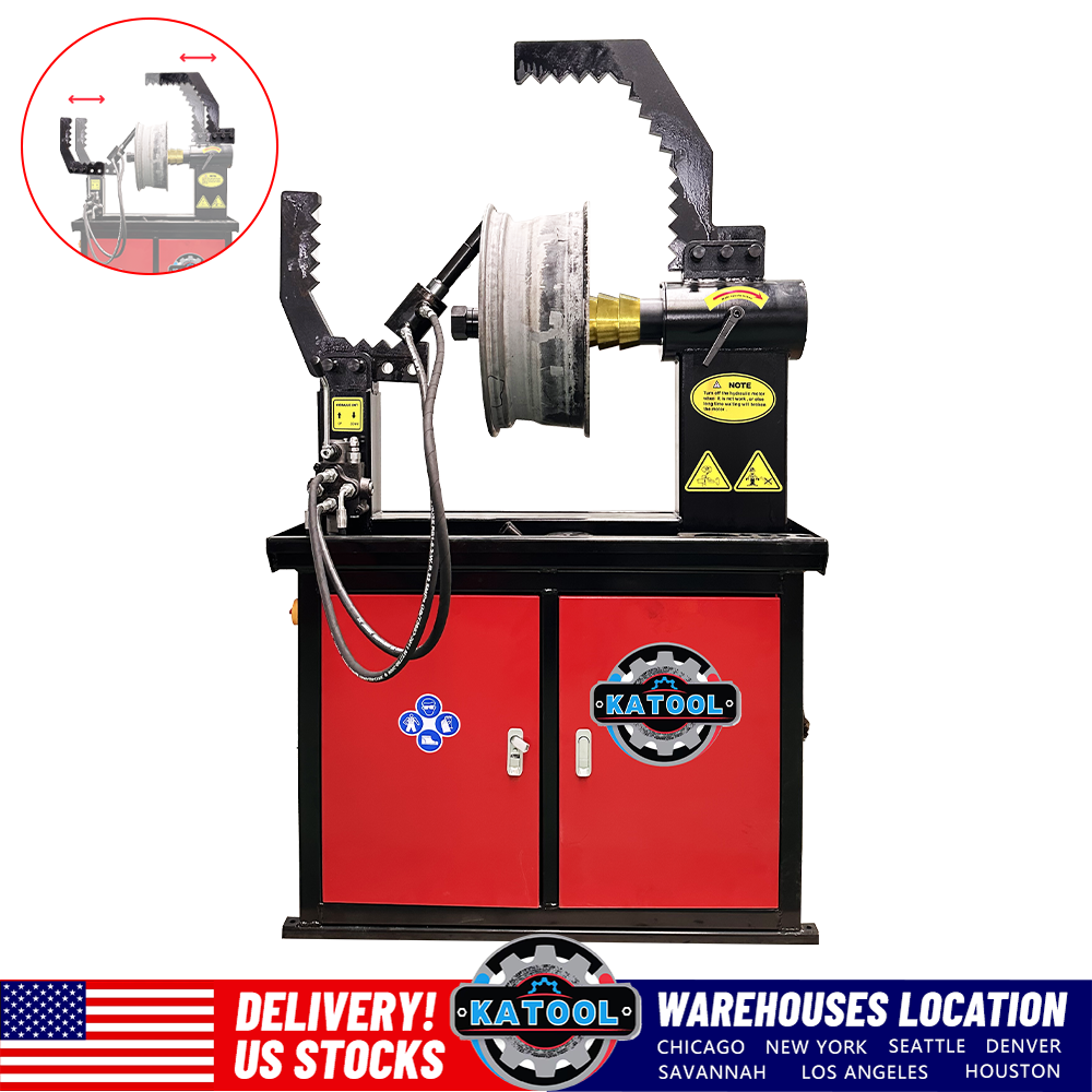 Hydraulic rim straightening machine with clamping arms and wheel support assembly