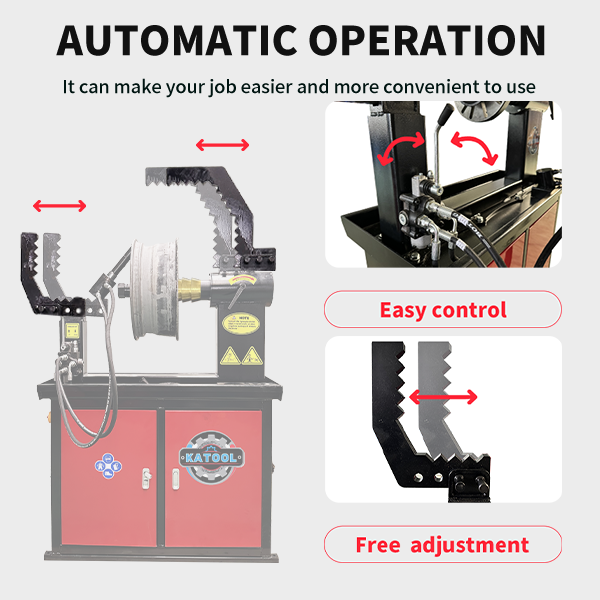 Hydraulic rim straightening machine with clamp arms, drive hardware, and control area