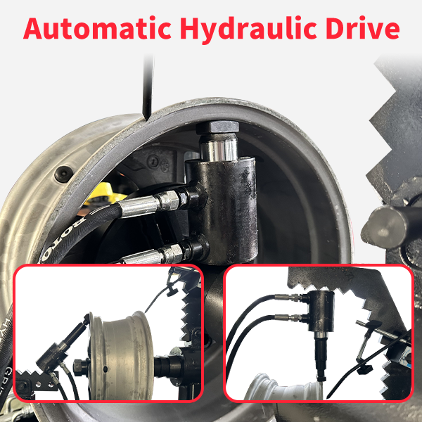 Hydraulic rim straightener drive hub with mounted clamps and hoses on wheel