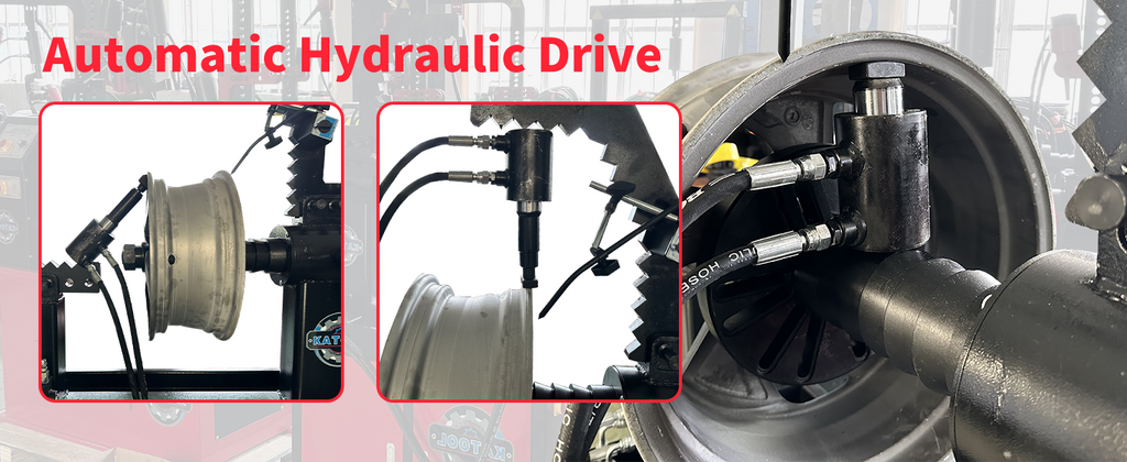 Rim straightener automatic hydraulic drive feature collage with operation views