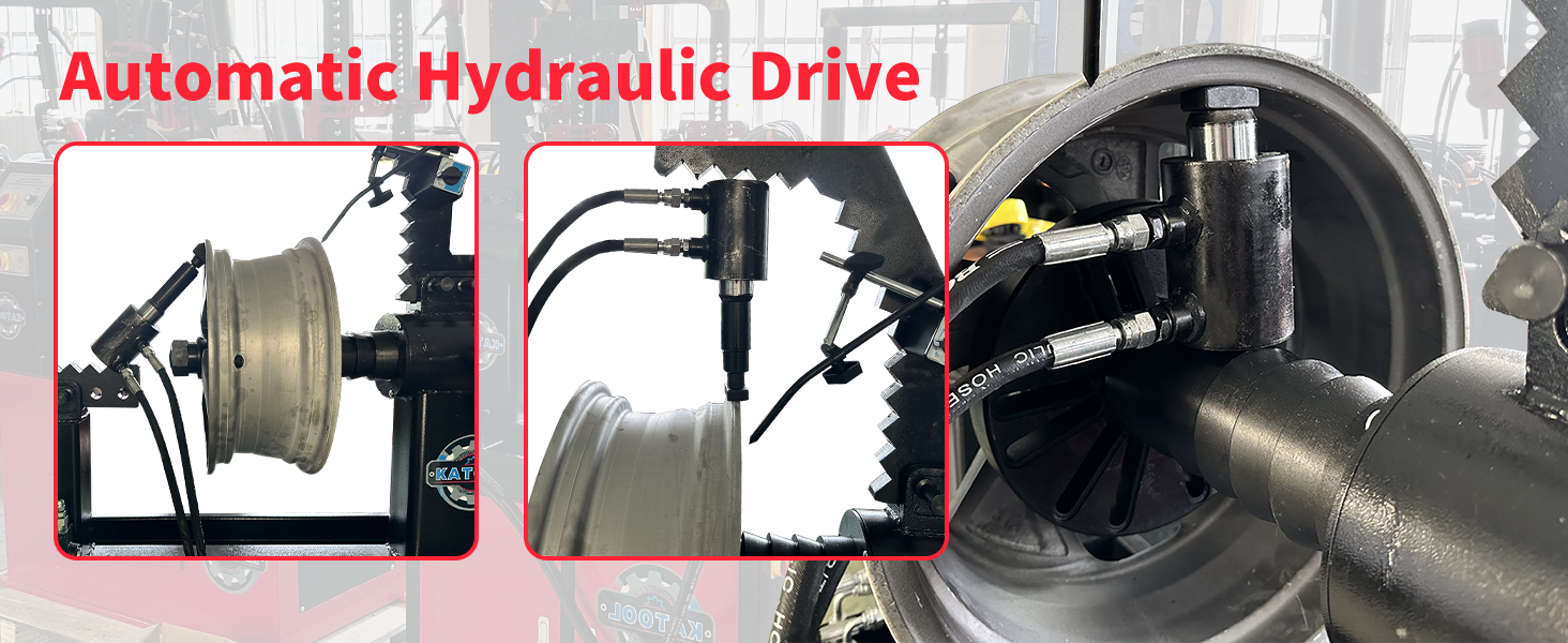 Rim straightener automatic hydraulic drive feature collage with operation views