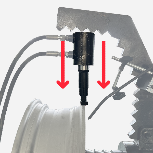 Hydraulic alignment tool pressing toward wheel rim bead during straightening