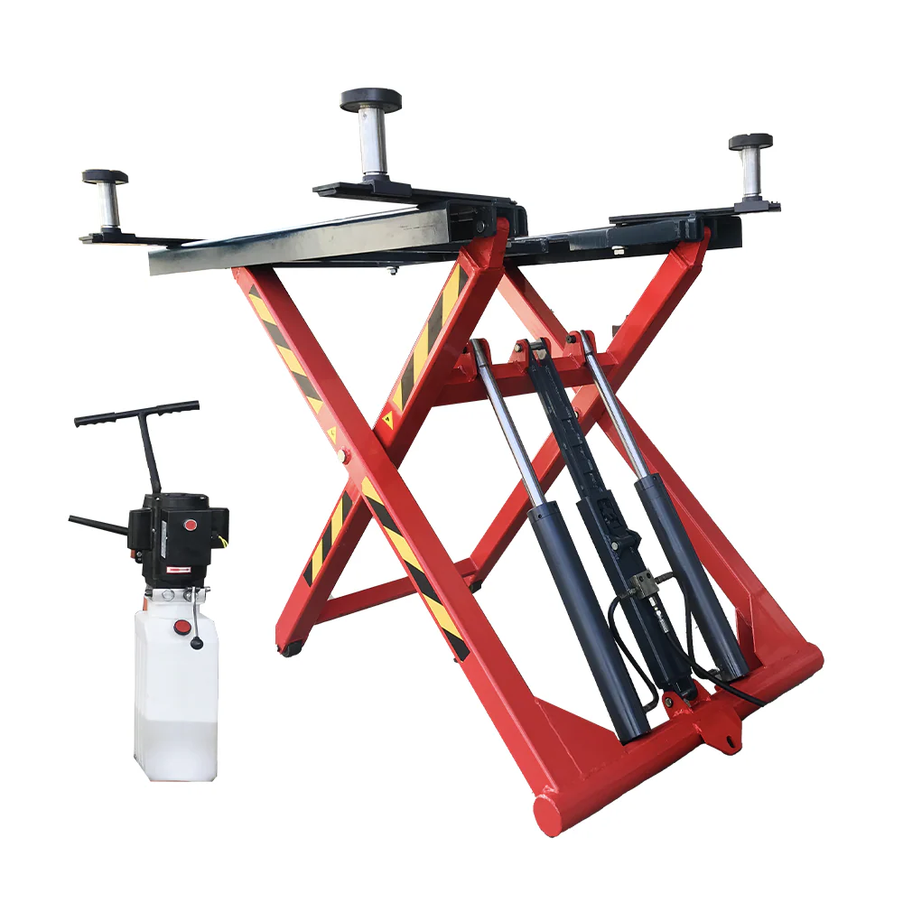Portable scissor lift with red steel frame, black platform, and two lifting posts