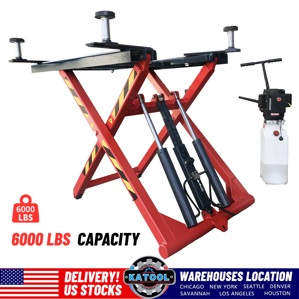Red and black scissor car lift with platform, hydraulic post, and four lift points