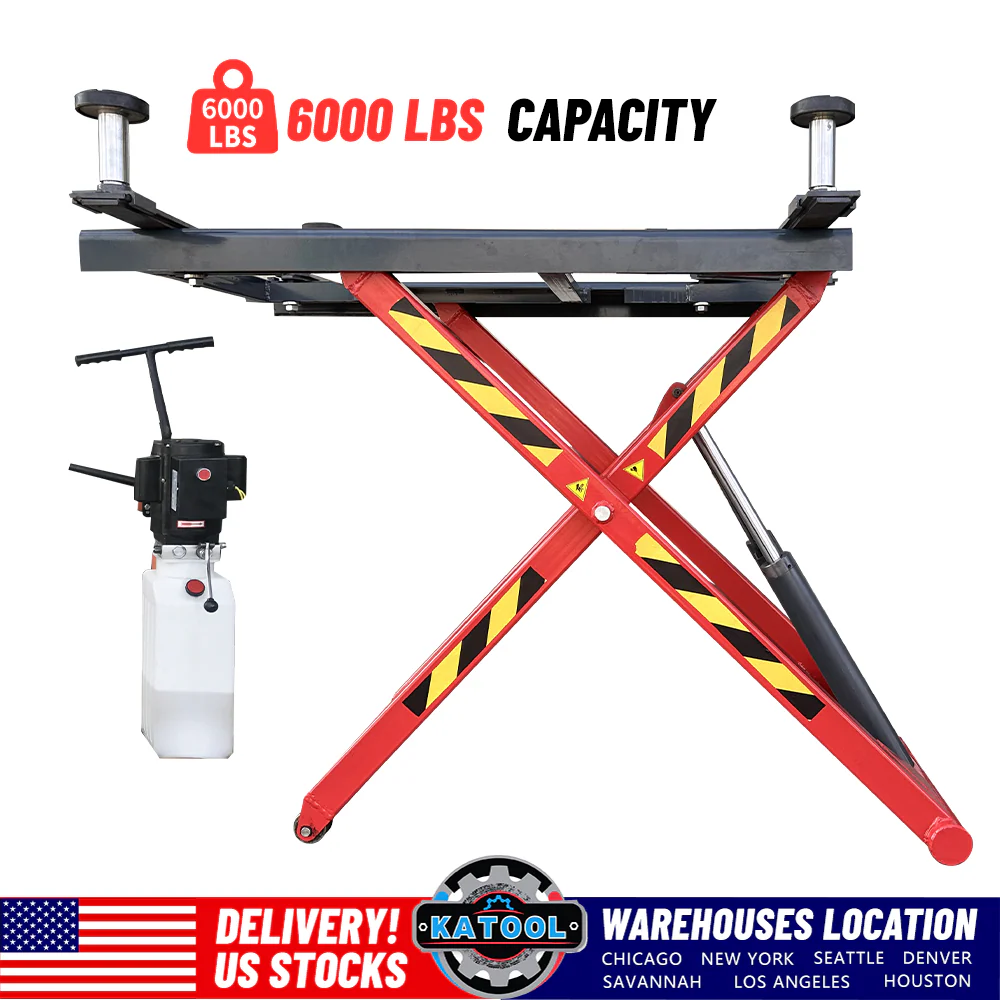 Mid-rise scissor lift with red X-frame, black base platform, and four lift pads
