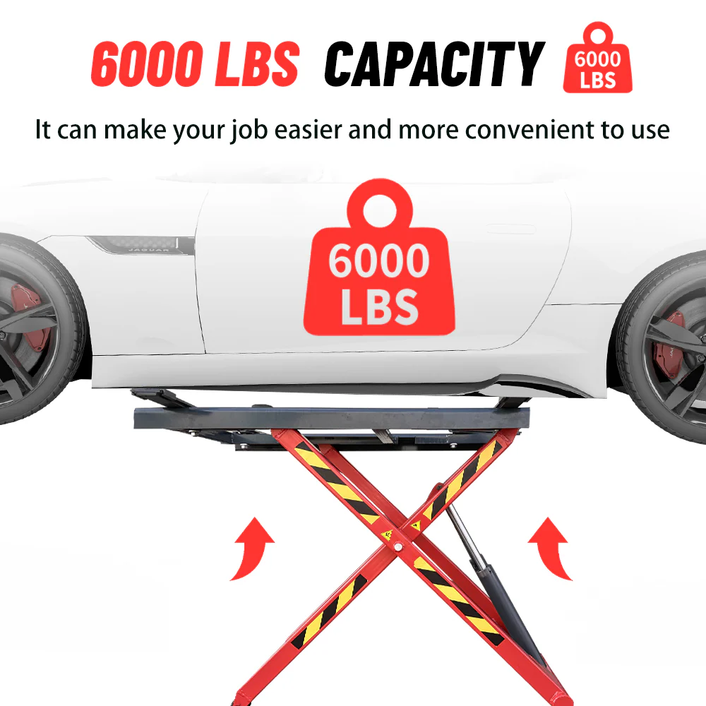 Scissor lift positioned under a white car with lift platform centered beneath