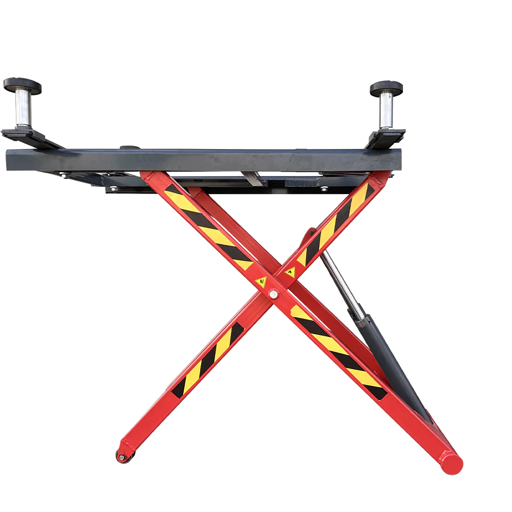 Scissor lift platform with two top lift posts and red cross-brace underframe