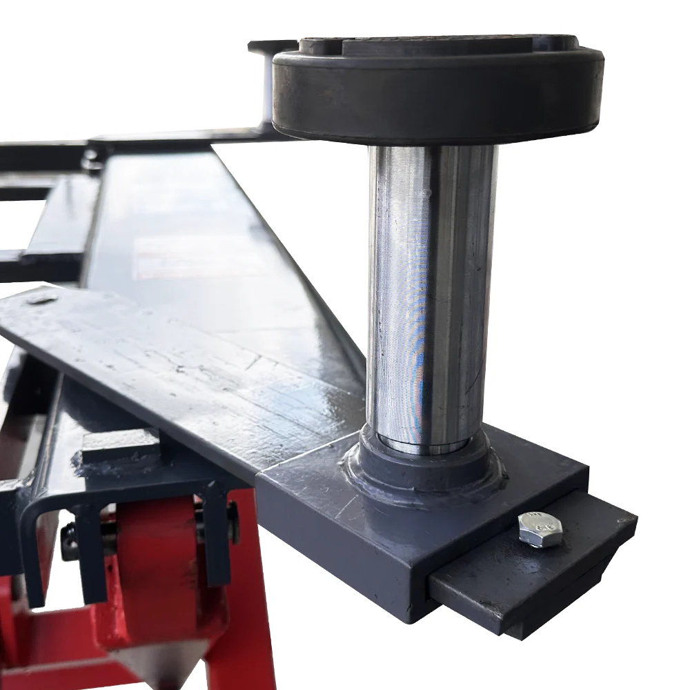 Scissor lift lift post and round black support pad on steel base plate