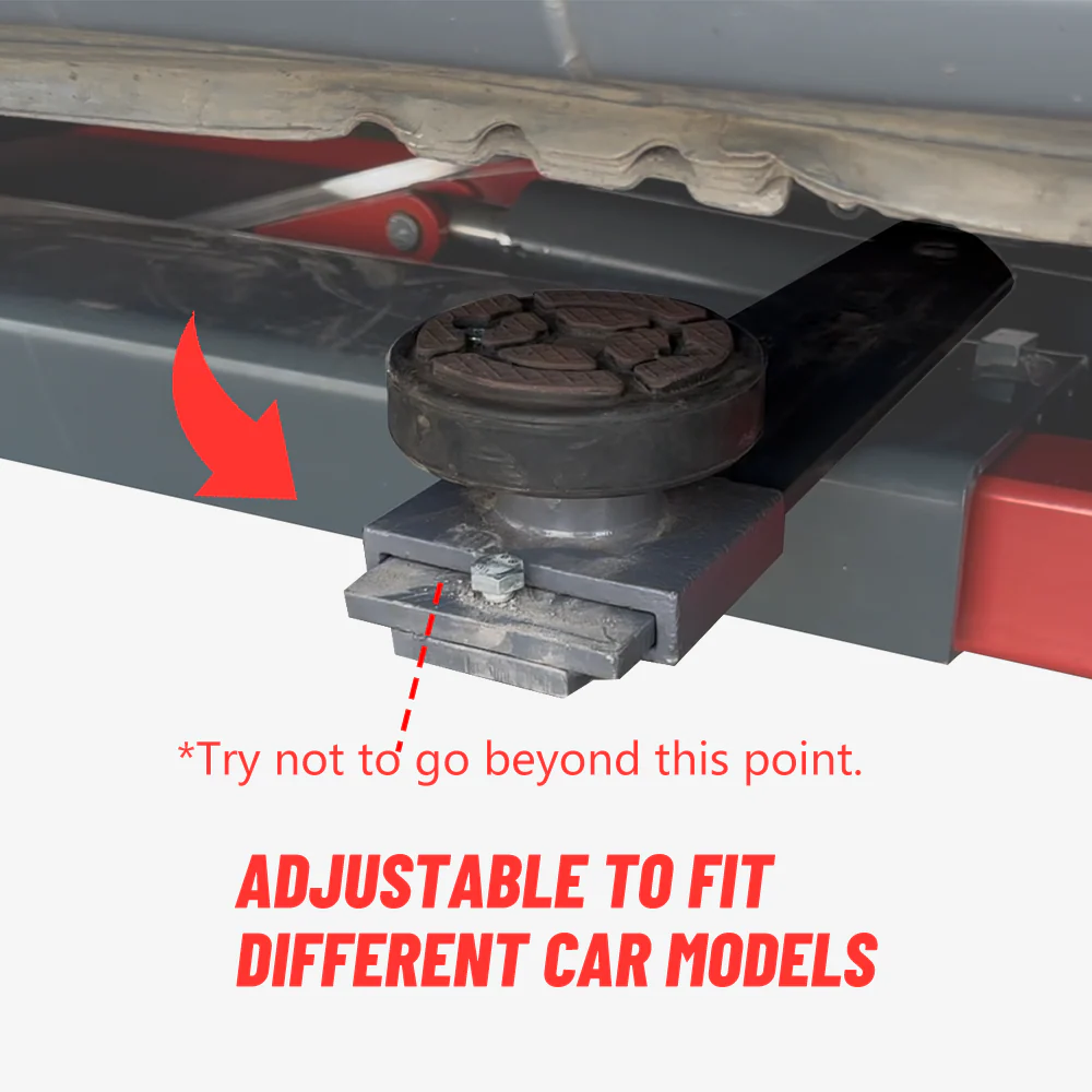 Adjustable lift pad and support plate with black rubber base on scissor lift platform
