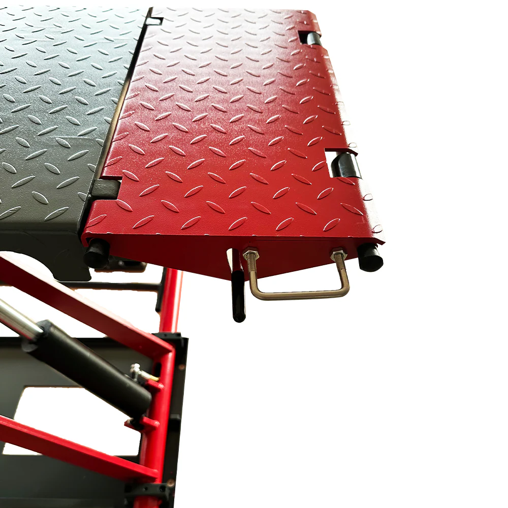 Katool KT-X77 scissor lift textured red platform plate with corner mounting hardware