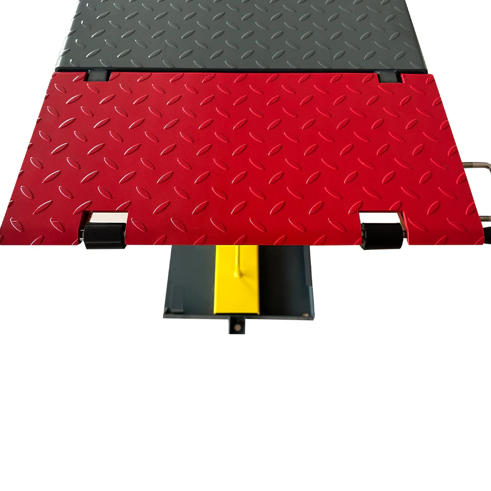 Katool KT-X77 scissor lift top plate with red textured surface and black support wheels