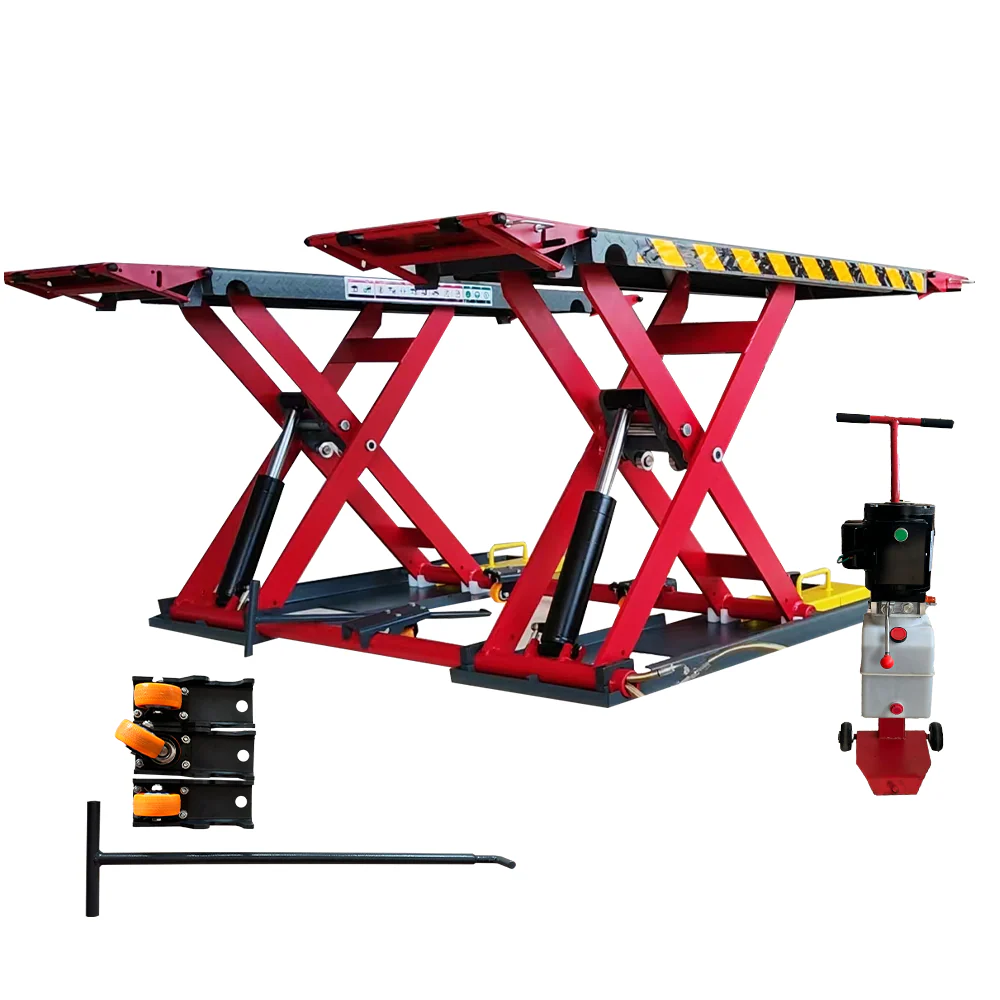 Katool KT-X77 mid-rise scissor lift with deck, red scissors frame, and pump controls